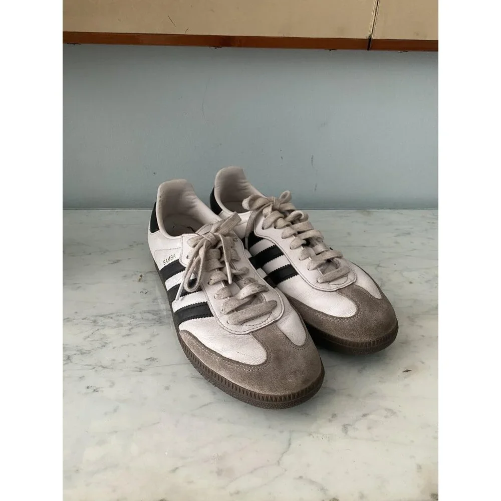 Adidas Samba Shoes Mens Size 7.5 White Black Leather Suede Gum Sole Sneakers